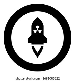 Atomic rocket flying Nuclear missile weapons Radioactive bomb Military concept icon in circle round black color vector illustration flat style image