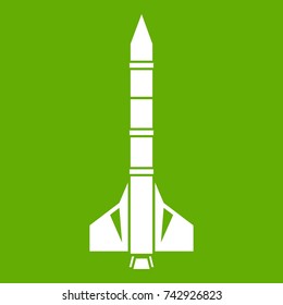 Atomic rocket icon white isolated on green background. Vector illustration