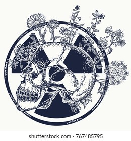 Atomic skull tattoo and t-shirt design. Symbol of nuclear war, end of world, dangers of nuclear energy 