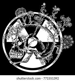 Atomic skull tattoo and t-shirt design. Symbol of radiation, apocalypse, nuclear war 