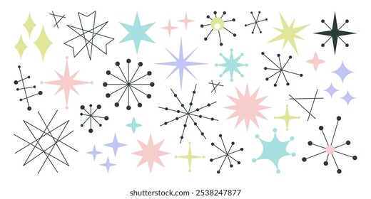 Atomic stars, starburst mid digital century modern graphic symbols isolated set vector illustration. Geometric atomic age starry design elements, trendy sparkles and lights scrapbooking decoration