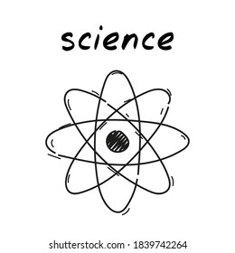 Atomic structure handdrawn icon. Cartoon vector clip art of an atom or molecule with protons, neutrons and electrons. Black and white sketch illustration. Represents concept of science, physics