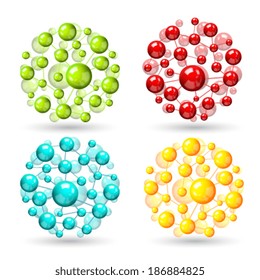 Atomic structure molecule model set of colored spheres with connections vector illustration