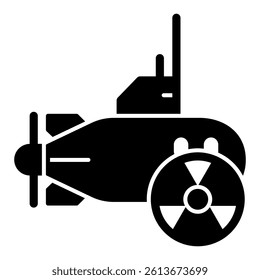 Atomic submarine solid icon, atomic energy concept. Vector graphics. Military vessel and radiation, underwater sign on white background, glyph style mobile or design