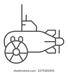 Atomic submarine thin line icon, atomic energy concept. Vector graphics. Military underwater vessel with radiation sign on white background, outline style icon for mobile or web design