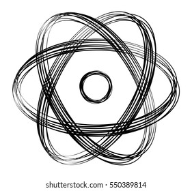 Atomic symbol with black lines. Many overlapping strings produce a dynamic sign. Nucleus in the middle with three ellipses as atomic shell. Abstract isolated illustration on white background. Vector.