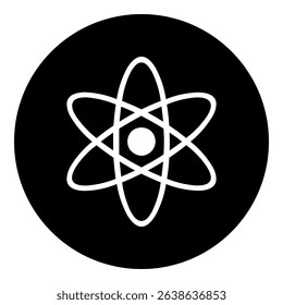 A atomic symbol in the center. Isolated white symbol in black circle. Vector illustration on white background