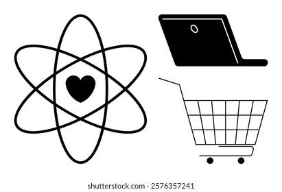 Atomic symbol with heart, laptop, and shopping cart. Ideal for education, technology, e-commerce, health, and innovation themes. Minimalistic style. Black and white color scheme. Simple and clean