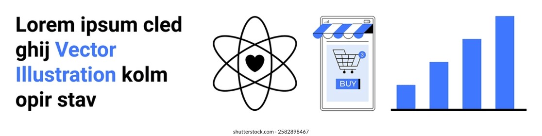 Atomic symbol with heart, mobile shopping icon, and a bar chart. Ideal for e-commerce, technology, data analysis, online shopping, business growth. Banner for landing page