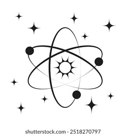 Atomic symbol icon. Orbiting electrons graphic. Black and white science. Simple vector shape.