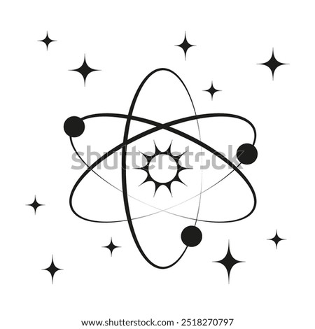 Atomic symbol icon. Orbiting electrons graphic. Black and white science. Simple vector shape.