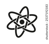 Atomic symbol vector icon. Science, physics, and chemistry emblem. Simple, black and white atom illustration.