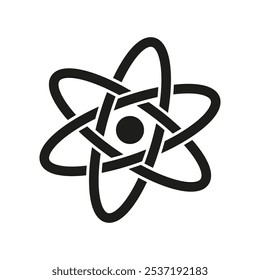 Icono de Vector de símbolo atómico. Emblema de Ciencia, física y química. Ilustración de átomo simple, en blanco y negro.