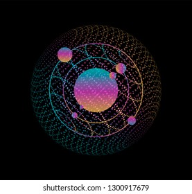 Atomic system surrounded by 3d sphere made of points. Abstract vector illustration in neon vivid colors.