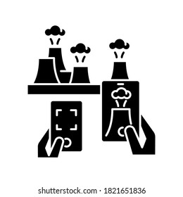 Atomic tourism black glyph icon. Visiting landmarks of atomic age. Popular nuclear tourism, modern vacation activity silhouette symbol on white space. Power plant tours. vector isolated illustration