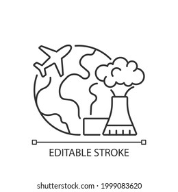 Icono lineal del turismo atómico. Exploración de la industria nuclear en el extranjero. Vuelo al país extranjero. Ilustración personalizable de línea delgada. Símbolo de contorno. Dibujo de contorno aislado del vector. Trazo editable