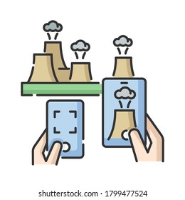 Atomic tourism RGB color icon. Visiting landmarks of atomic age. Popular nuclear tourism, modern vacation activity. Power plant tours. Isolated vector illustration