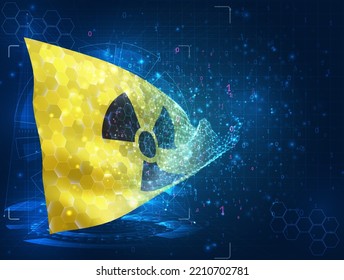 Atómico, indicador vectorial, objeto 3D virtual abstracto de polígonos triangulares en un fondo azul