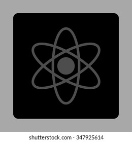 Atomic vector icon. Style is flat rounded square button, gray and black colors, silver background.