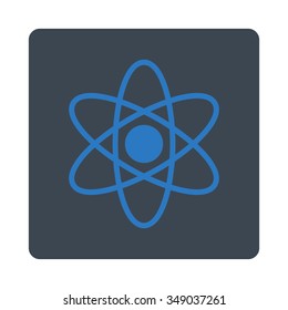Atomic vector icon. Style is flat rounded square button, smooth blue colors, white background.