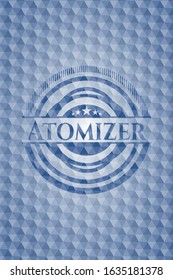 Atomizer blue emblem or badge with abstract geometric pattern background. Vector Illustration. Detailed.
