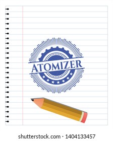 Atomizer emblem draw with pen effect. Blue ink. Vector Illustration. Detailed.