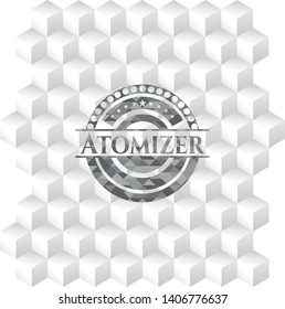 Atomizer retro style grey emblem with geometric cube white background