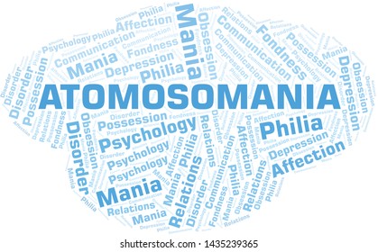 Atomosomania word cloud. Type of mania, made with text only.