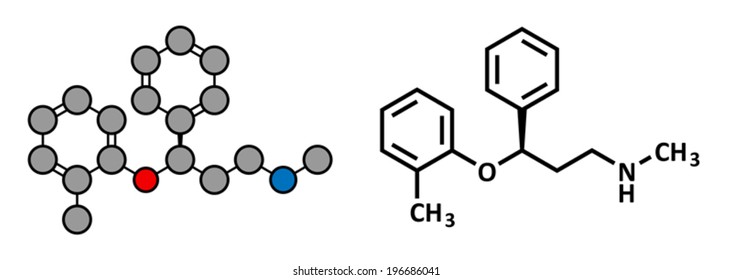 Atomoxetine attention-deficit hyperactivity disorder (ADHD) drug, chemical structure. Conventional skeletal formula and stylized representation, showing atoms (except hydrogen) as color coded circles.