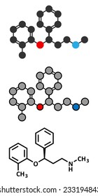 Atomoxetine attention-deficit hyperactivity disorder (ADHD) drug molecule. Conventional skeletal formula and stylized representations.