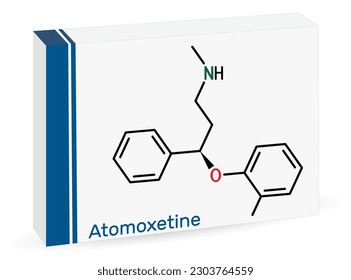 Atomoxetine molecule. It is used in the management of Attention Deficit Hyperactivity Disorder ADHD. Skeletal chemical formula. Paper packaging for drugs. Vector illustration