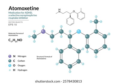 Atomoxetine. Structural Chemical Formula and 3d Model of Molecule. C17H21NO. Atoms with Color Coding. Vector graphic Illustration for educational materials, scientific articles, and presentations