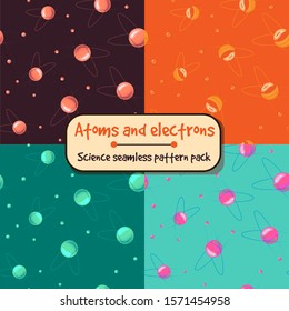 Atoms and electrons science seamless pattern pack. Repetitive pattern with round core and energy on the edge