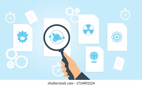 Atoms file, document research vector illustration. Document with search icons. File and magnifying glass. Analytics research sign. Vector Illustration