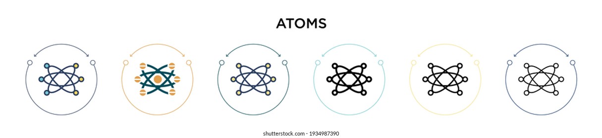 Atoms icon in filled, thin line, outline and stroke style. Vector illustration of two colored and black atoms vector icons designs can be used for mobile, ui, web