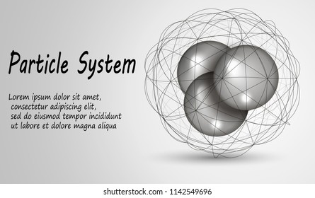 Atoms inside the mesh sphere. Particles in the lattice. Vector illustration