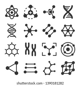 Atoms, molecules, dna, chromosomes glyph vector icon set. Pharmacy and chemistry, education and science elements and equipment