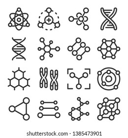 Atoms, molecules, dna, chromosomes outline vector icon set. Pharmacy and chemistry, education and science elements and equipment