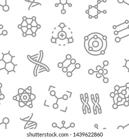 Atoms, molecules, dna, chromosomes outline vector seamless pattern. Pharmacy and chemistry, education and science elements and equipment