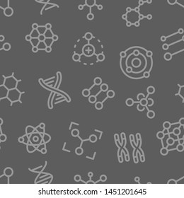 Atoms, molecules, dna, chromosomes outline vector seamless pattern on grey background. Pharmacy and chemistry, education and science elements and equipment