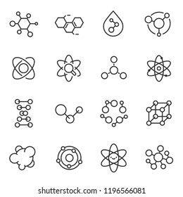 Atoms and molecules icon set. chemical structures, linear icons. Line with editable stroke