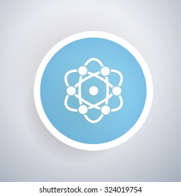 
Atom,science design icon on blue button,white background,clean vector