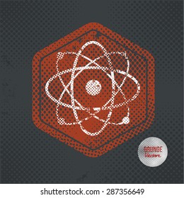 Atom,stamp design on old dark background,grunge concept,vector