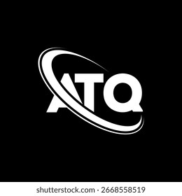 Logotipo da ATQ. Design do logotipo da letra ATQ. Logotipo ATQ inicial ligado ao círculo e ao monograma em maiúsculas. Tipografia ATQ para marca de tecnologia, negócios e imóveis.