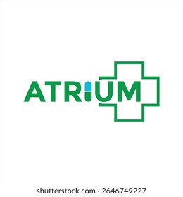 Logotipo da marca Atrium com uma cruz médica e uma cápsula