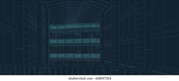 atrium with glass ceiling, two glass walls and some bridges in wire frame style