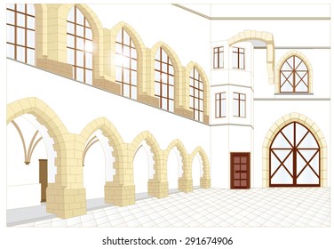 Atrium historic building with arches, large windows on the first floor, glass, large doors to the entrance of carriages, in a corner tower with entrance and accommodation for servants
