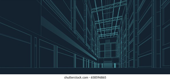 Atrium Space In A Modern Building In Wire Frame Style