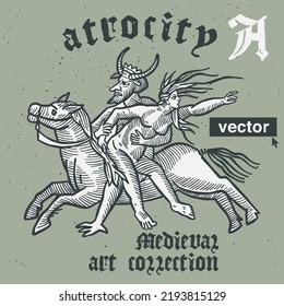 Atrocity vector engraving style illustration. Medieval art with blackletter calligraphy. Perfect for retro labels, vintage logos, music album covers, circus posters, potions packaging, etc.