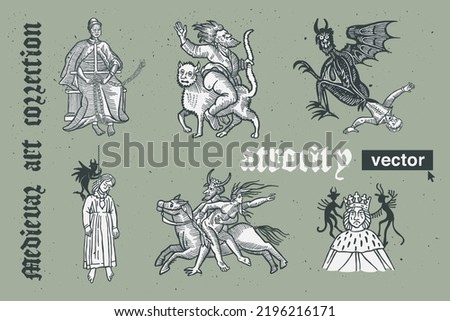 Atrocity vector engraving style illustration. Medieval art with blackletter calligraphy. Perfect for retro labels, vintage logos, music album covers, circus posters, potions packaging, etc.